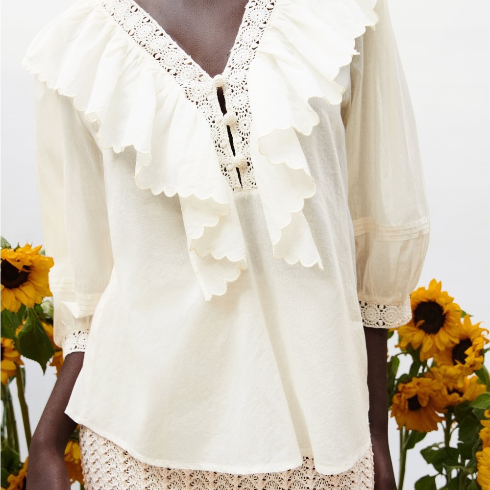 ZARA - Embroidered Ruffle Collared Long Sleeve Blouse in Ivory (NWT) - Size : S - Picture 2 of 14